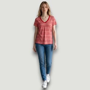 Universal Thread Womens T-Shirt  M Red Striped V-Neck Space Dye Short Sleeve